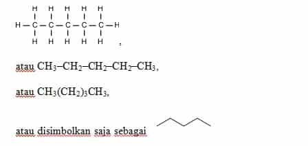 Contoh senyawa alkana. Metana Metana (CH4) adalah hidrokarbon yang paling sederhana. Metana berbentuk gas pada keadaan temperatur dan tekanan standar (STP). Etana Dua atom karbon yang berikatan tunggal dilengkapi dengan 6 hidrogen disebut dengan etana. Etana molekul hidrokarbon kedua paling sederhana. Metana dapat dianggap sebagai 2 molekul metana yang berikatan satu sama lain, tapi dengan atom hidrogen yang dikurangi 2. Menggambarkan alkana Ketika menuliskan struktur alkana, anda dapat menggunakan model penulisan yang berbeda-beda sesuai kebutuhan. Rumus umum alkana adalah CnH2n+2. Berikut ini adalah 4 macam contoh penulisan pentana: